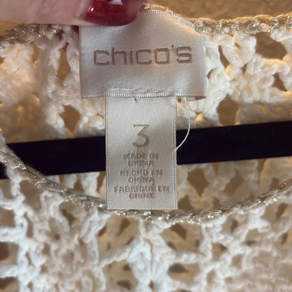 Chico's Boho Crochet Floral Knit Festival Open Knit Sweater/ Size 3/ XL - Picture 2 of 9